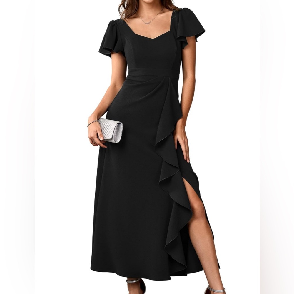 Long Semi Formal Cocktail Square Neck Split Elegant Party Gowns Ruffle Dress